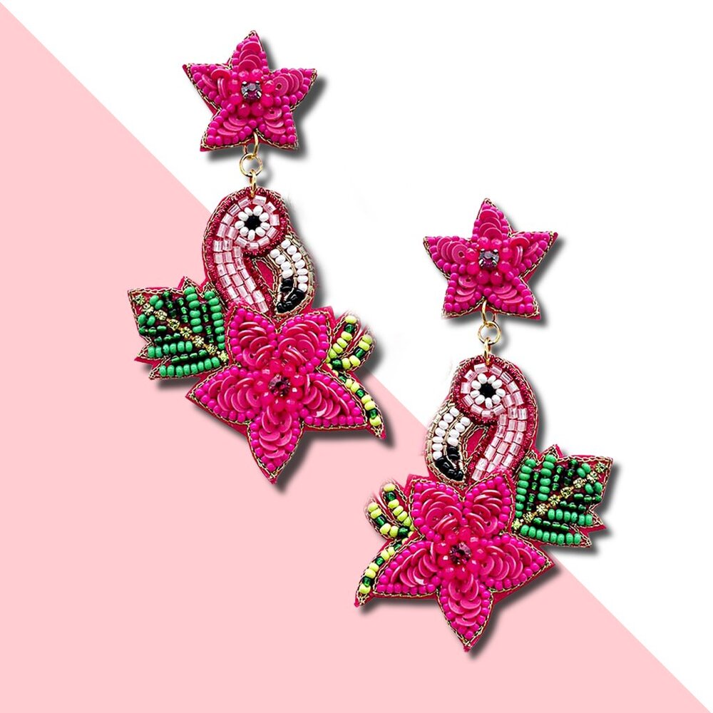Pink Flamingo Beach Resort Vacation Tropical Bird Star Beaded Crystal Earrings